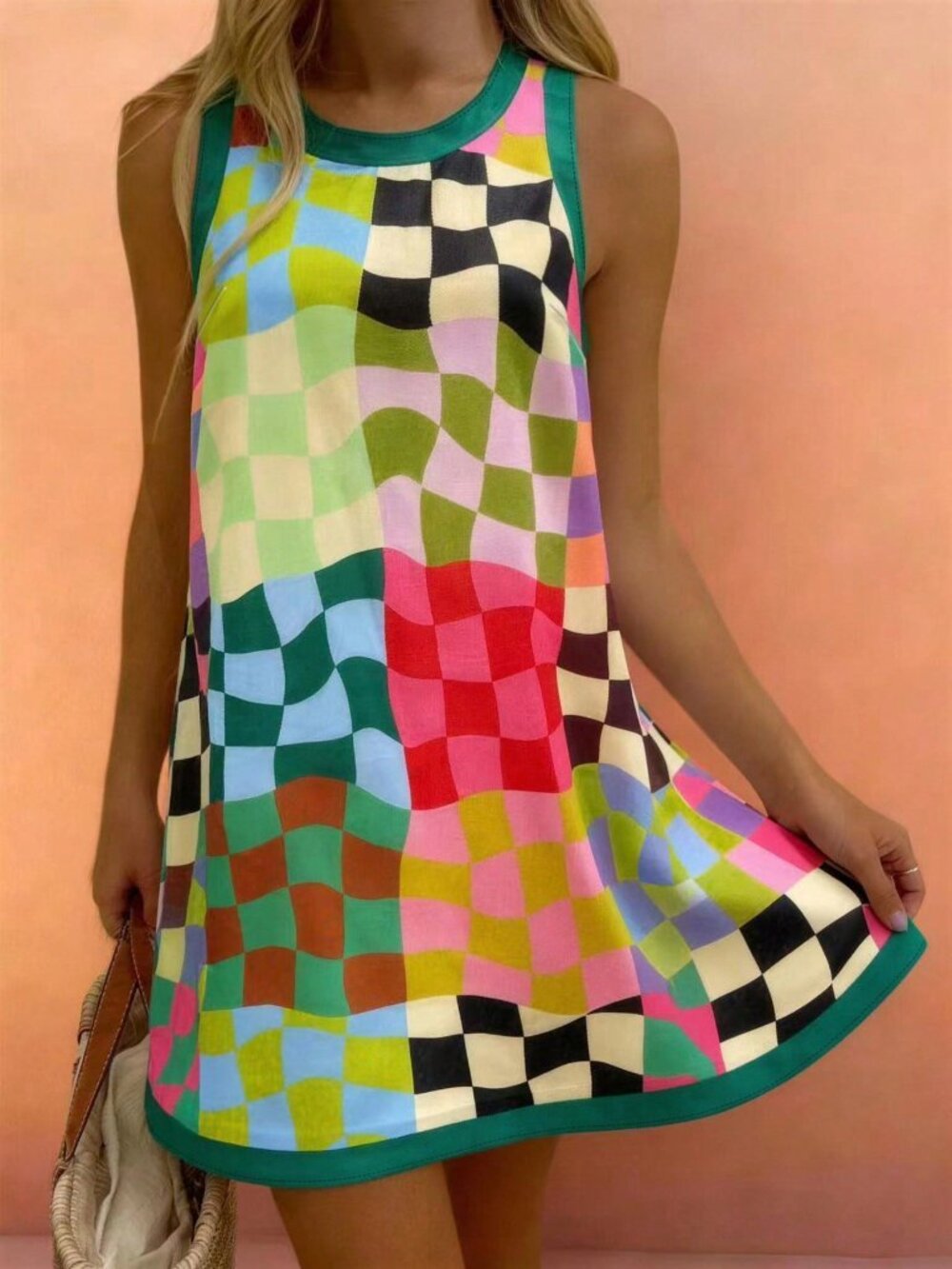 Multicolor Casual Women's Colorful Checkerboard Print Sleeveless Mini Dress
